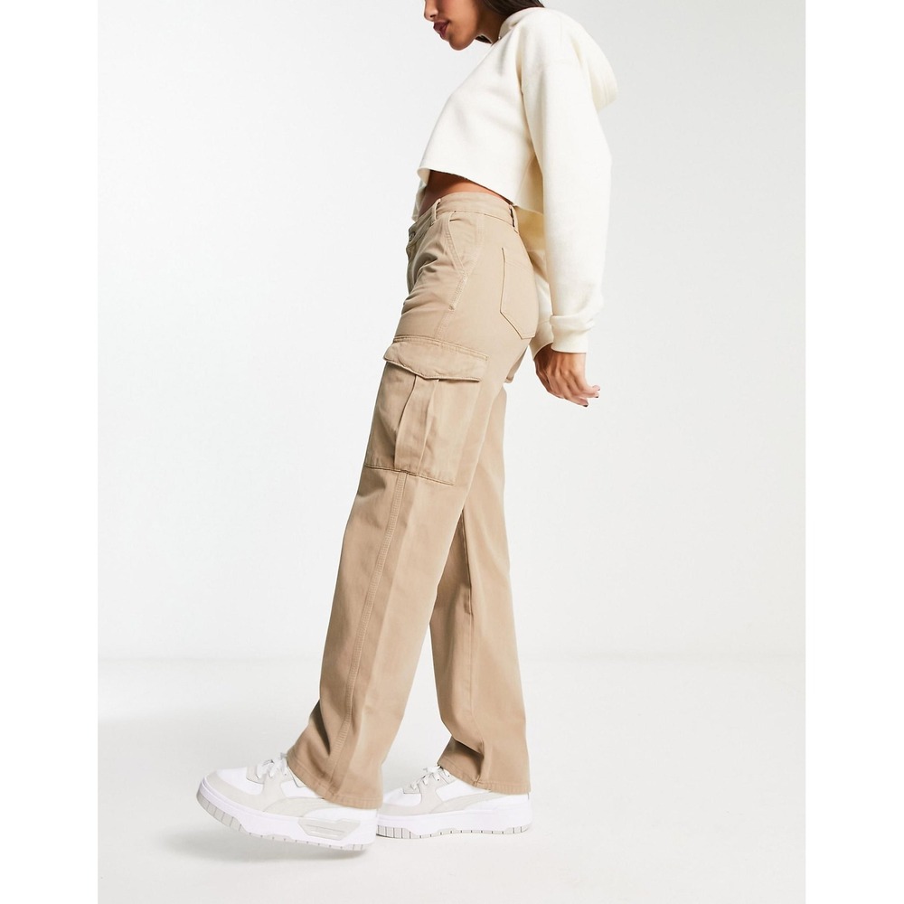 NWT Pull&Bear 100% Cotton Tan High Waisted Straight Leg Cargo Pants Size 10